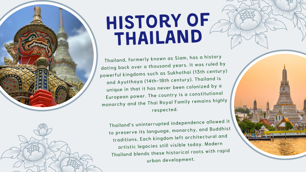 History of Thailand

Thailand, formerly known as Siam, has a history dating back over a thousand years. It was ruled by powerful kingdoms such as Sukhothai (13th century) and Ayutthaya (14th-18th century). Thailand is unique in that it has never been colonized by a European power. The country is a constitutional monarchy and the Thai Royal Family remains highly respected.

Thailand’s uninterrupted independence allowed it to preserve its language, monarchy, and Buddhist traditions. Each kingdom left architectural and artistic legacies still visible today. Modern Thailand blends these historical roots with rapid urban development.