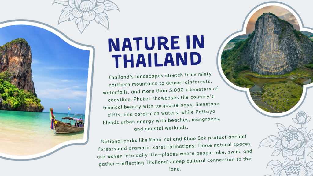 Nature in Thailand

Thailand’s landscapes stretch from misty northern mountains to dense rainforests, waterfalls, and more than 3,000 kilometers of coastline. Phuket showcases the country’s tropical beauty with turquoise bays, limestone cliffs, and coral‑rich waters, while Pattaya blends urban energy with beaches, mangroves, and coastal wetlands.

National parks like Khao Yai and Khao Sok protect ancient forests and dramatic karst formations. These natural spaces are woven into daily life—places where people hike, swim, and gather—reflecting Thailand’s deep cultural connection to the land.